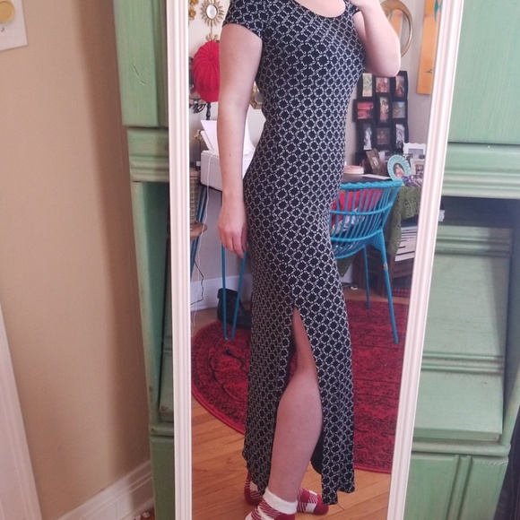 VTG Sexy 90s Blk & White Bodycon Split Maxi Dress - Picture 2 of 8